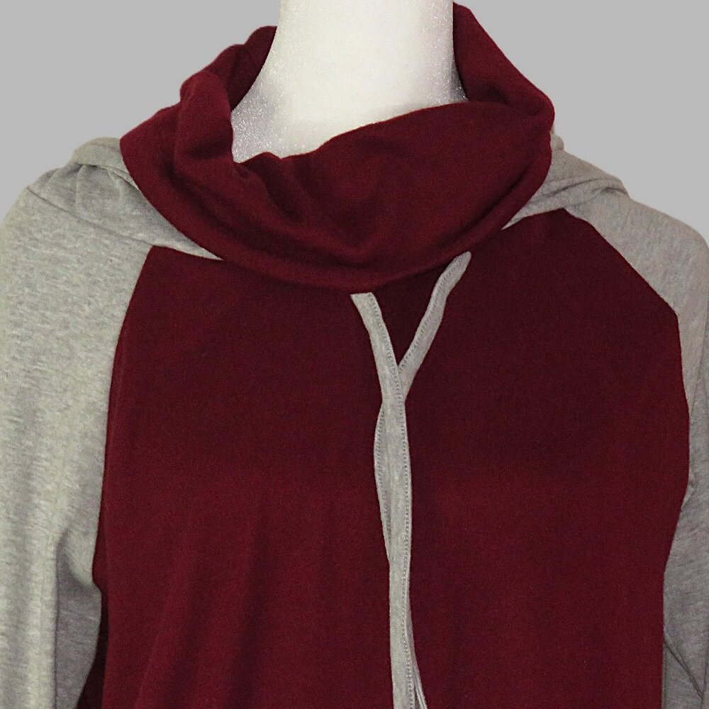 Cyanstyle Gray & Maroon Long-Sleeve Cowl-Neck Double Hoodie Top Size M (C397)